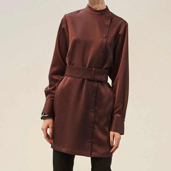 COPY - Equipment AW/19 Burgundy Satin Belted Buttoned Mini Dress - Picture 1 of 12
